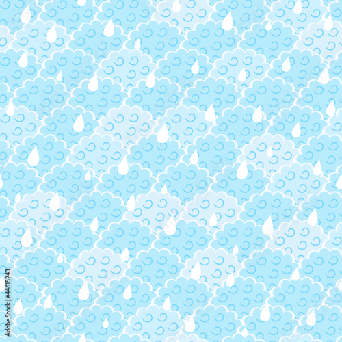 Seamless Light Blue Fluffy Cloud with Drops Pattern