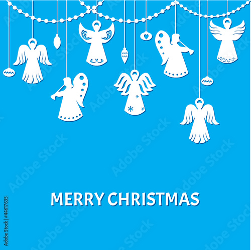 Merry Christmas Greeting Card-Angels-paper cut style-in vector