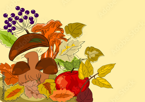 Herbst, Autumn Illustration mit Pilzen