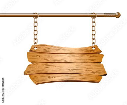 Wooden sign suspended on chains