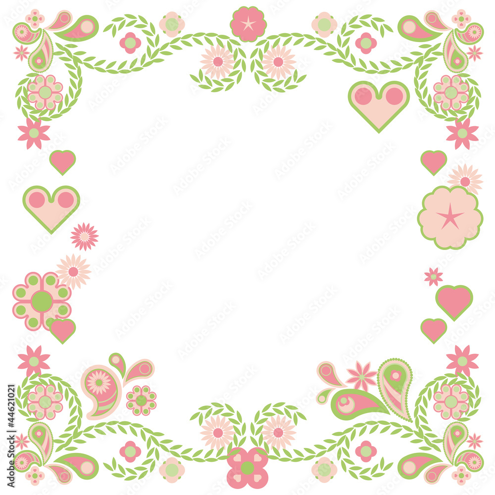 Ornamental frame with soft pink and green flowers and hearts