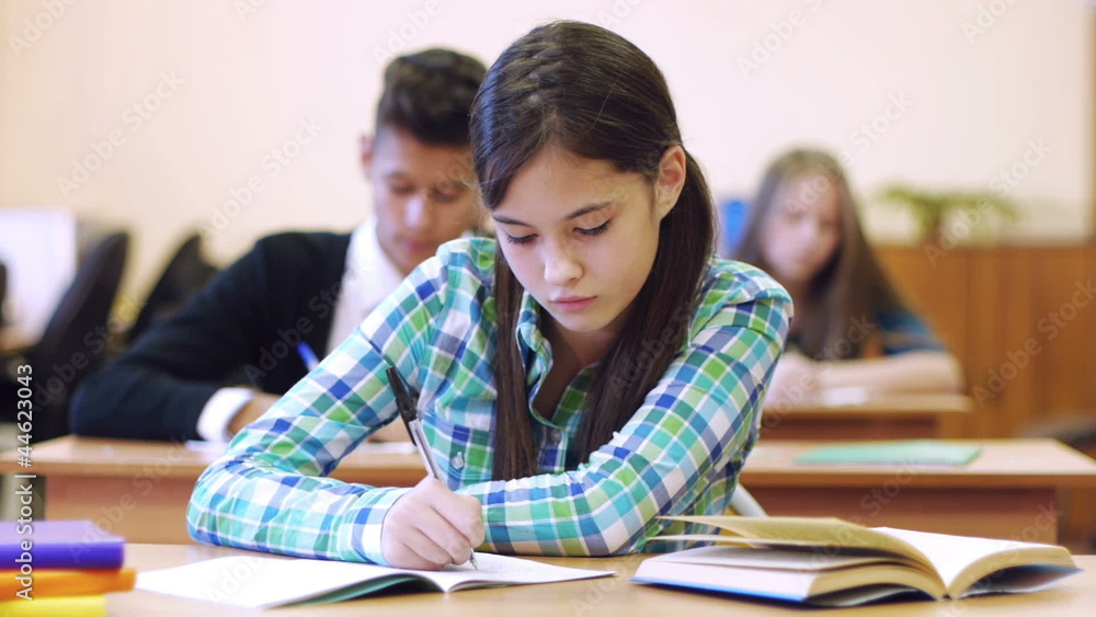 student writing lecture on the background of her classmates student writing lecture on the background of her classmates