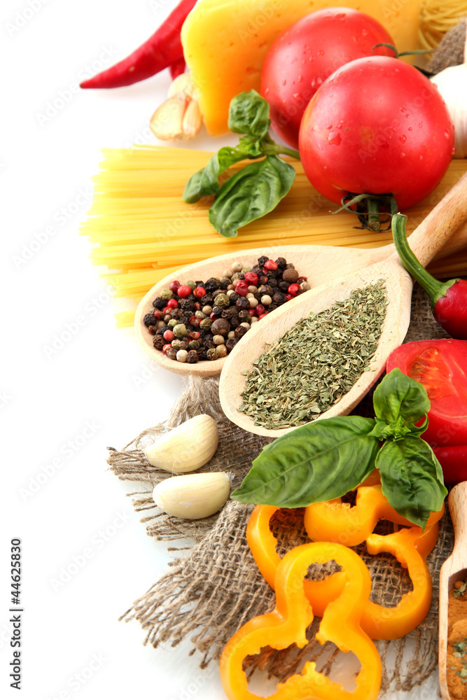 Pasta spaghetti, vegetables and spices, isolated on white Pasta spaghetti, vegetables and spices, isolated on white