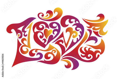 A decorative inscription with an image of a word love
