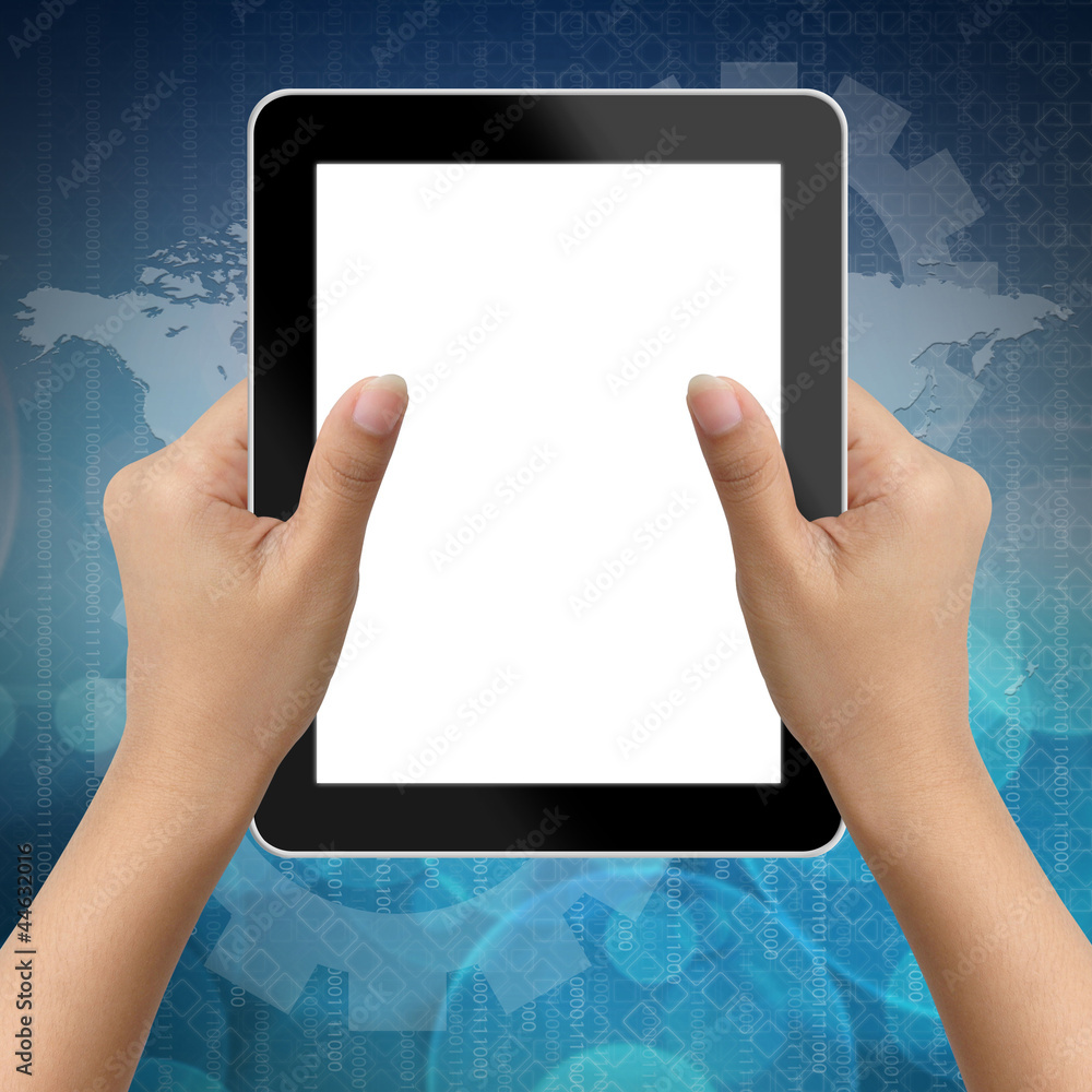 Hand of business woman holding digital tablet with blank screen Hand of business woman holding digital tablet with blank screen