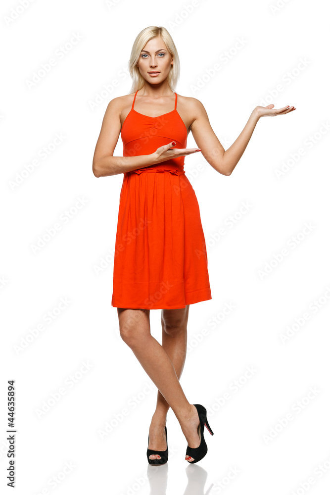 Full length of woman showing copy space on her palm Full length of woman showing copy space on her palm