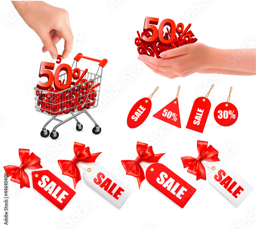 Concept of discount. Shopping cart with sale and tag