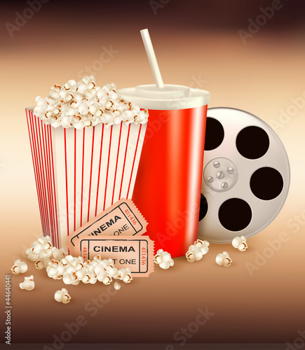 Popcorn and a drink and two tickets. Vector