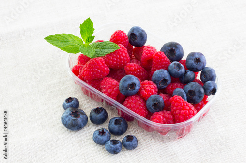 Fototapeta Naklejka Na Ścianę i Meble -  fresh bilberries and raspberries in a bowl