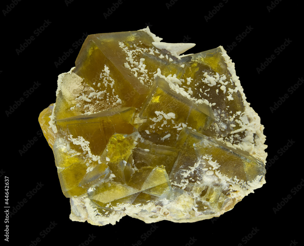 Fluorite crystals with white calcite on black. Museum piece. Fluorite crystals with white calcite on black. Museum piece.