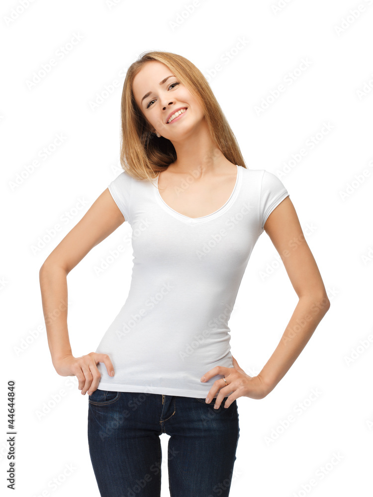 smiling teenage girl in blank white t-shirt smiling teenage girl in blank white t-shirt