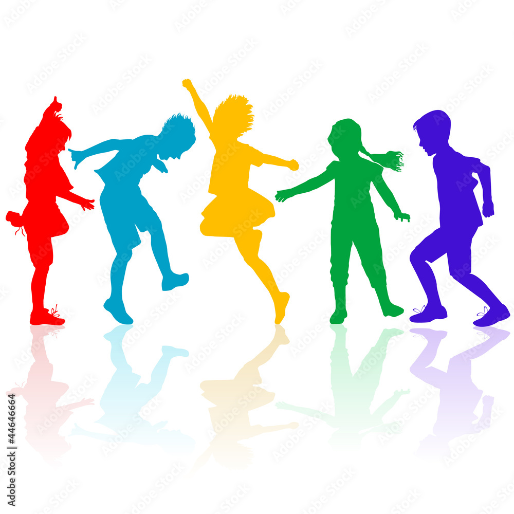 Colored silhouettes of happy children playing