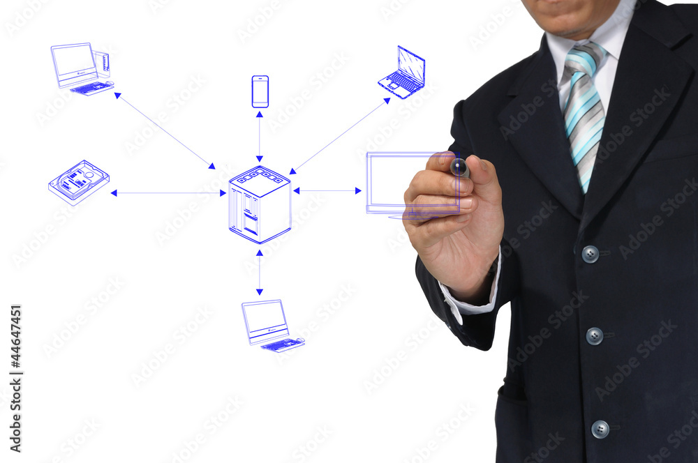 Business Male Hand drawing computer network system Business Male Hand drawing computer network system