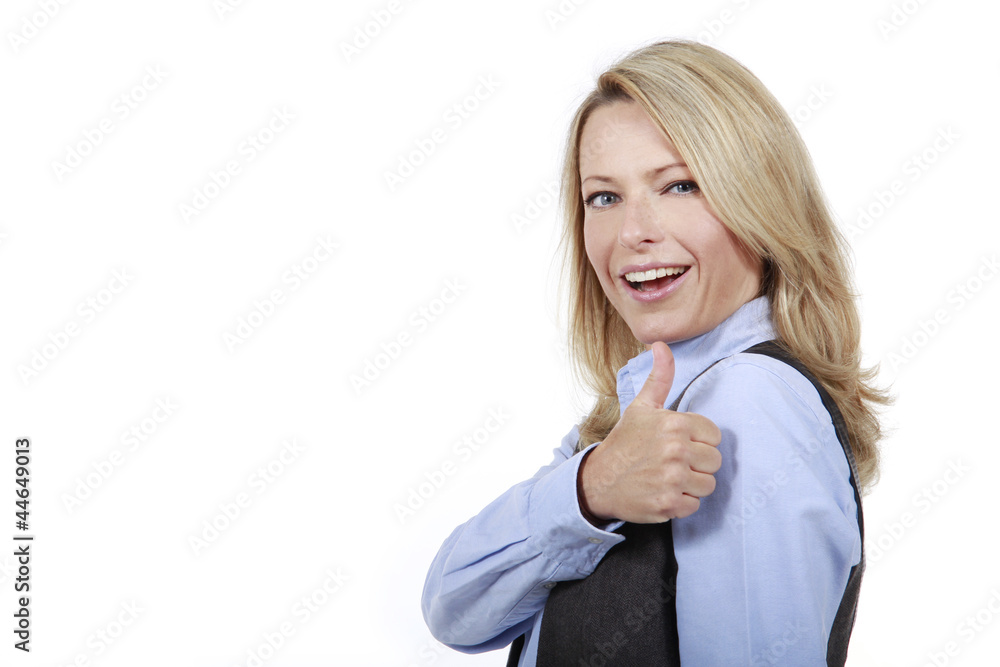 Blonde Frau im Businessoutfit mit Daumen hoch Blonde Frau im Businessoutfit mit Daumen hoch