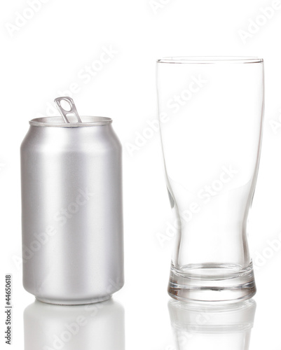 Open aluminum can and glass isolated on white.