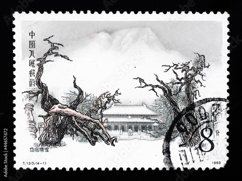 A stamp printed in China shows the ancient temple of Daimiao photo