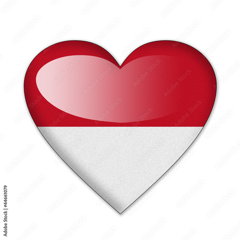 Indonesia and Monaco flag in heart shape isolated on white backg Indonesia and Monaco flag in heart shape isolated on white backg