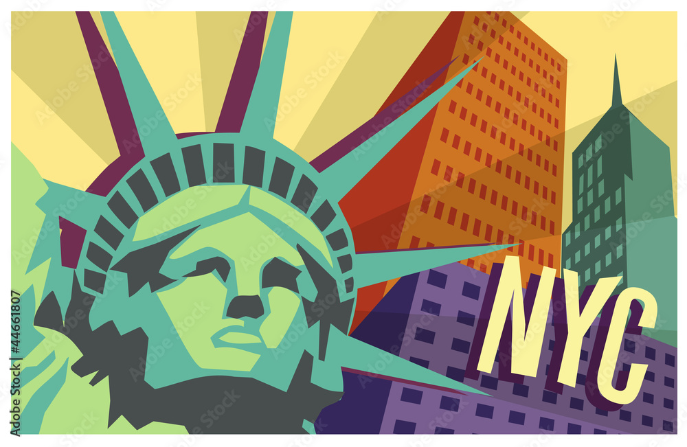 Obraz premium Illustration of New York City and Statue of Liberty