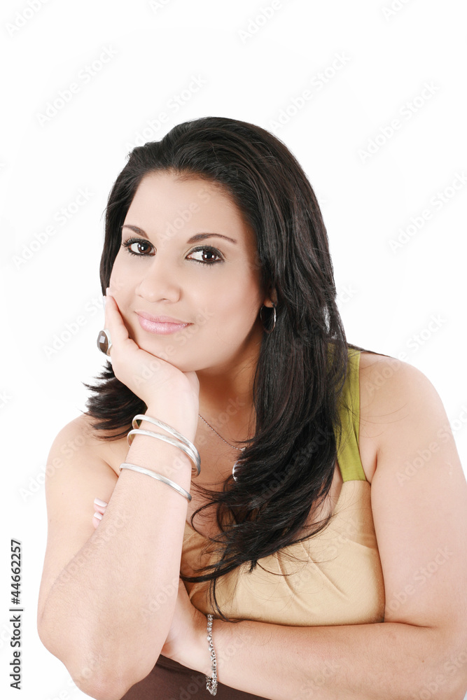 Closeup portrait of a pretty young woman smiling on white backgr Closeup portrait of a pretty young woman smiling on white backgr