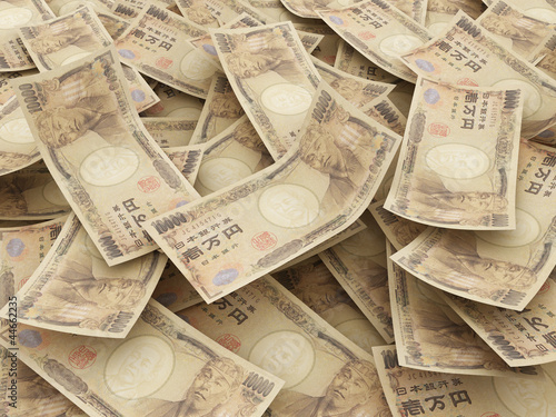 Bundle of Japanese Yen notes. Pile of 10000 Yen