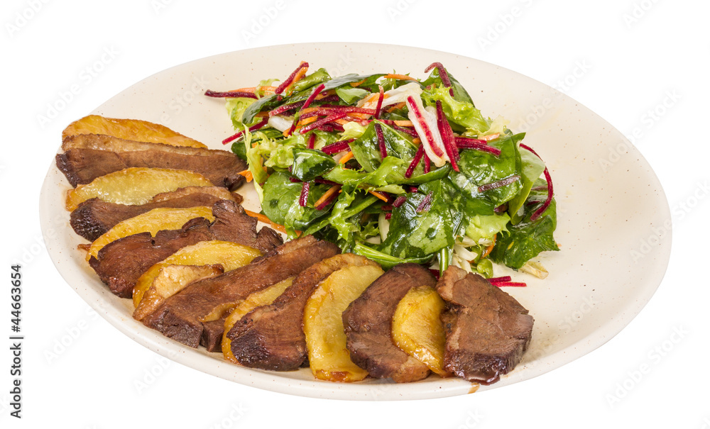 duck fillet, mashed potatoes seasoned with truffle oil, fig and duck fillet, mashed potatoes seasoned with truffle oil, fig and