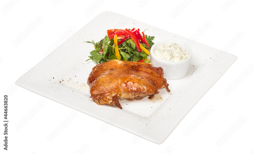 roasted chicken with vegetables on a white plate roasted chicken with vegetables on a white plate