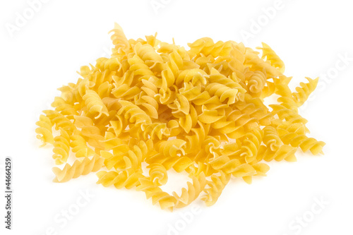 A portion of Rotini corkscrew pasta isolated on white.