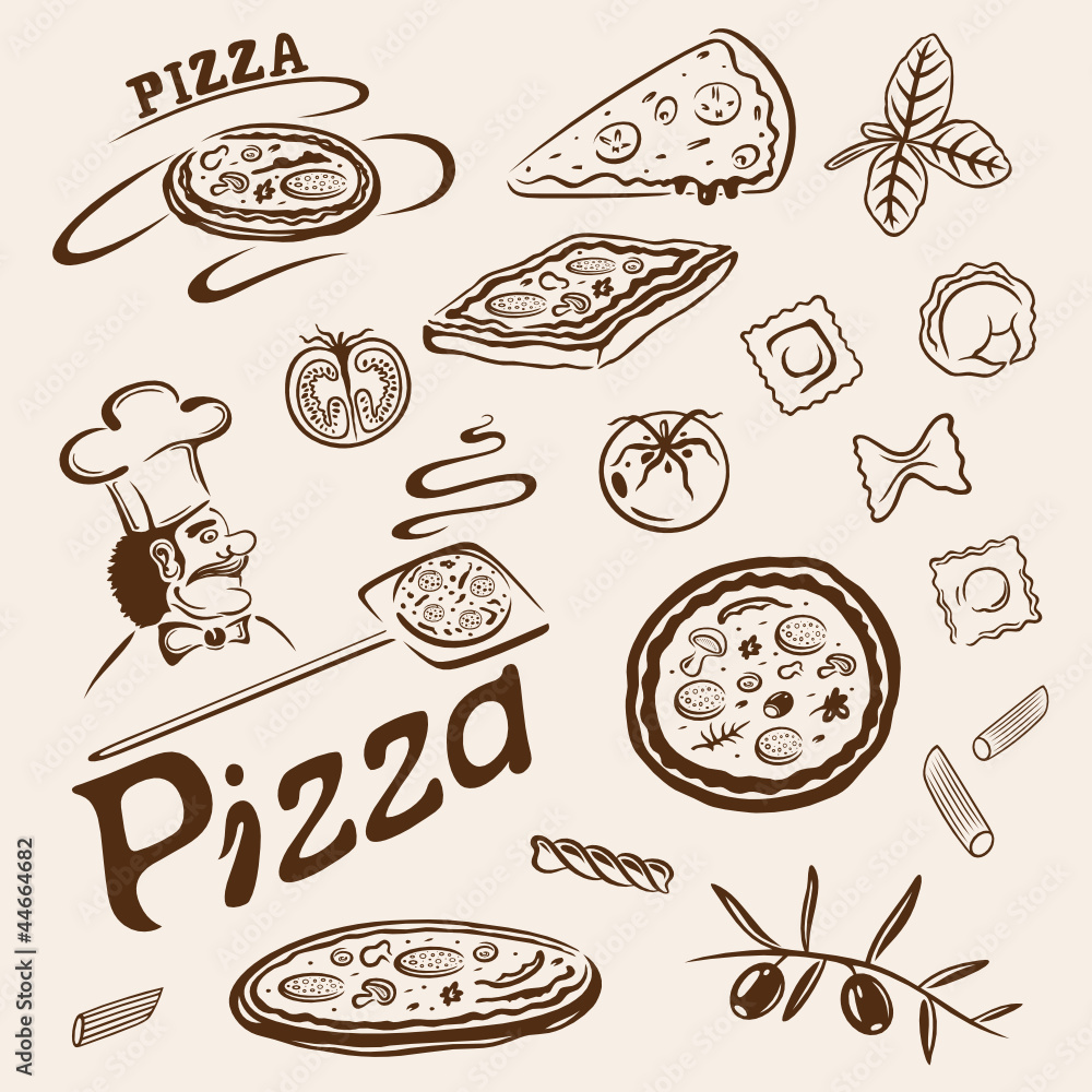 Pizza, Nudeln, Spaghetti, pasta, vector, Italien, Set - obrazy, fototapety, plakaty 