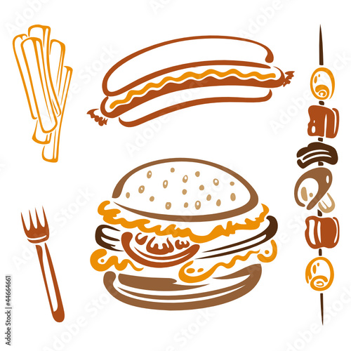 Fast food, Hamburger, Pommes, Hot Dog, vector set