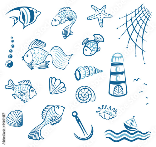 Maritim, Muscheln, Fische, Aquaristik, vector set