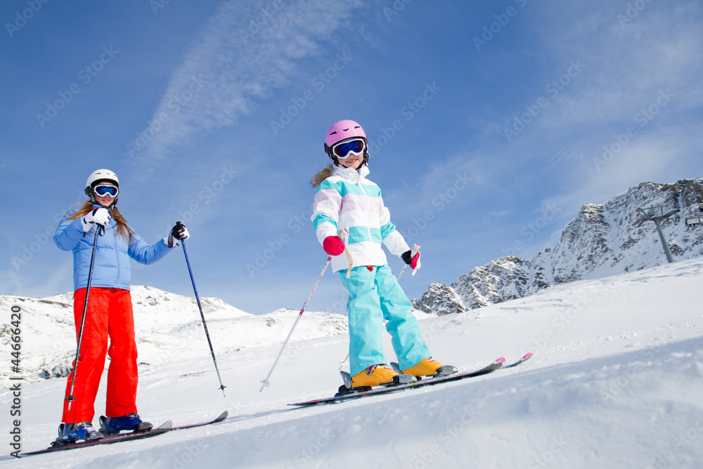 Skiing, winter  - skiers on mountainside