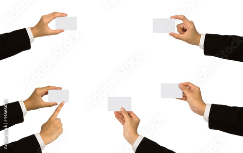 Collection card in a business hand on white background