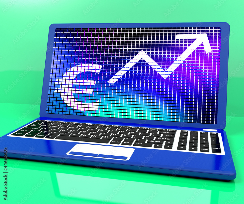 Euro Sign And Up Arrow On Laptop For Earnings Or Profit Euro Sign And Up Arrow On Laptop For Earnings Or Profit