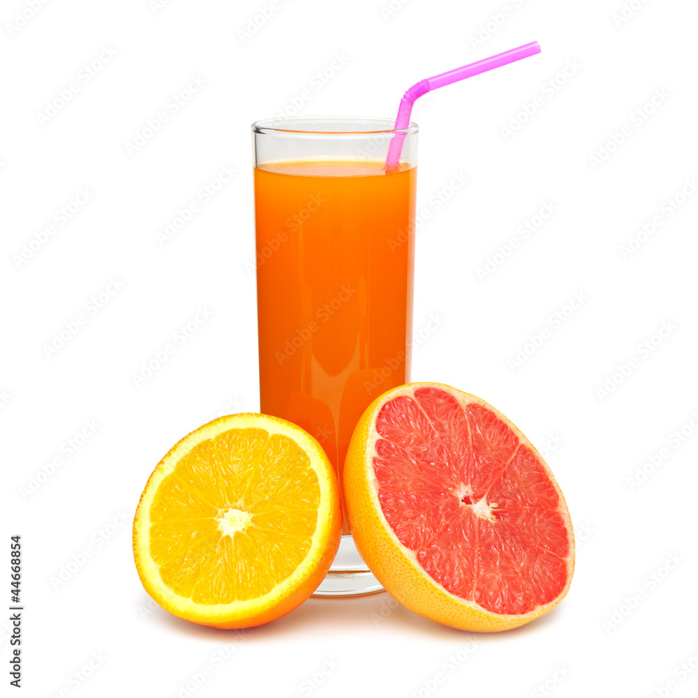 Glass with juice and fruit isolated on white background Glass with juice and fruit isolated on white background