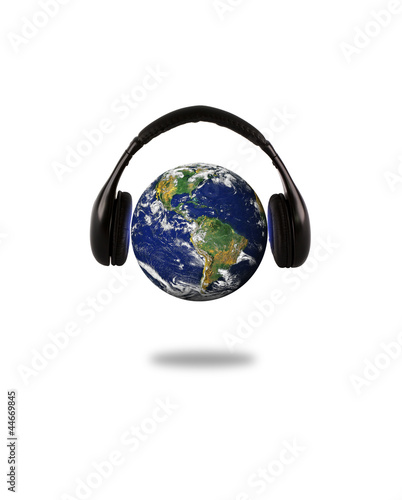 Earth with headphone - isolated over white