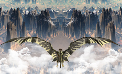 Fotobehang Draken Draak boven magisch fantasieland  © diversepixel