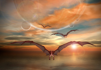 Fotobehang Draken Vliegende draken in fantasiehemel  © diversepixel