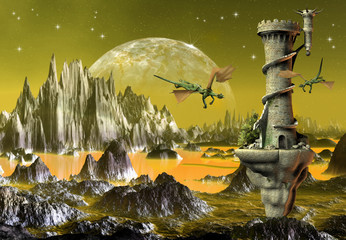Fotobehang Draken Drakentoren in mystieke fantasiewereld  © diversepixel
