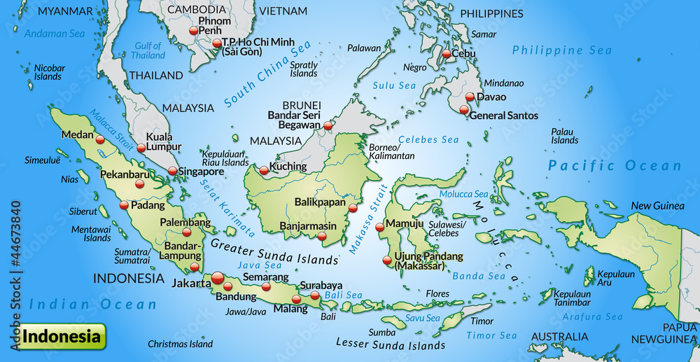 Obraz premium Übersichtskarte von Indonesien mit Städten