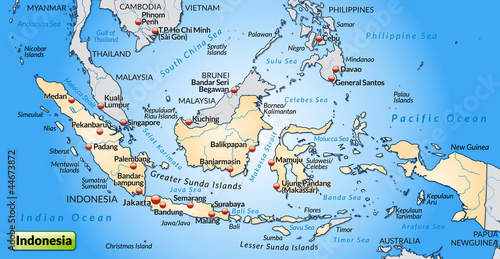 Landkarte von Indonesien mit Nachbarl  ndern und St  dten