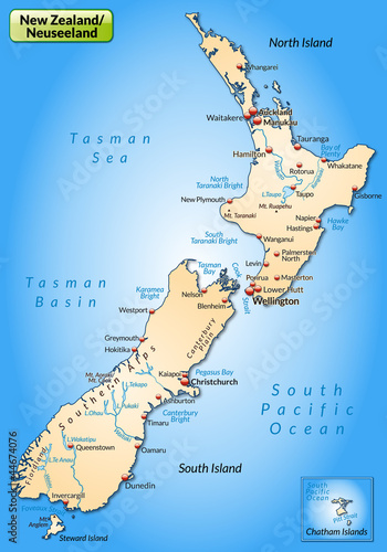 Neuseeland als Landkarte mit Orten