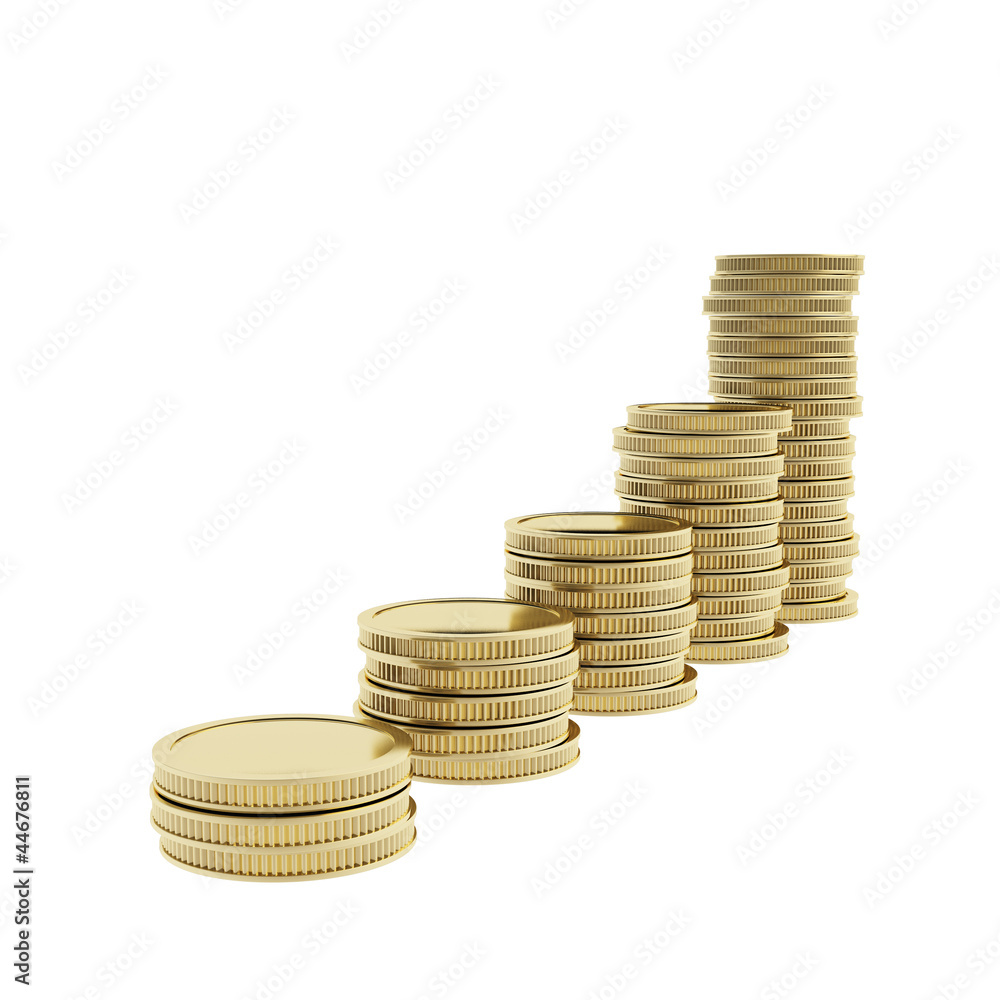 Stack piles of shiny golden coins isolated on white Stack piles of shiny golden coins isolated on white