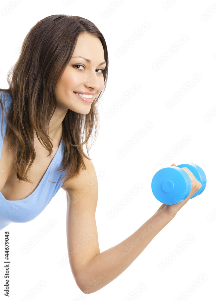 Young woman exercising with dumbbell, isolated Young woman exercising with dumbbell, isolated