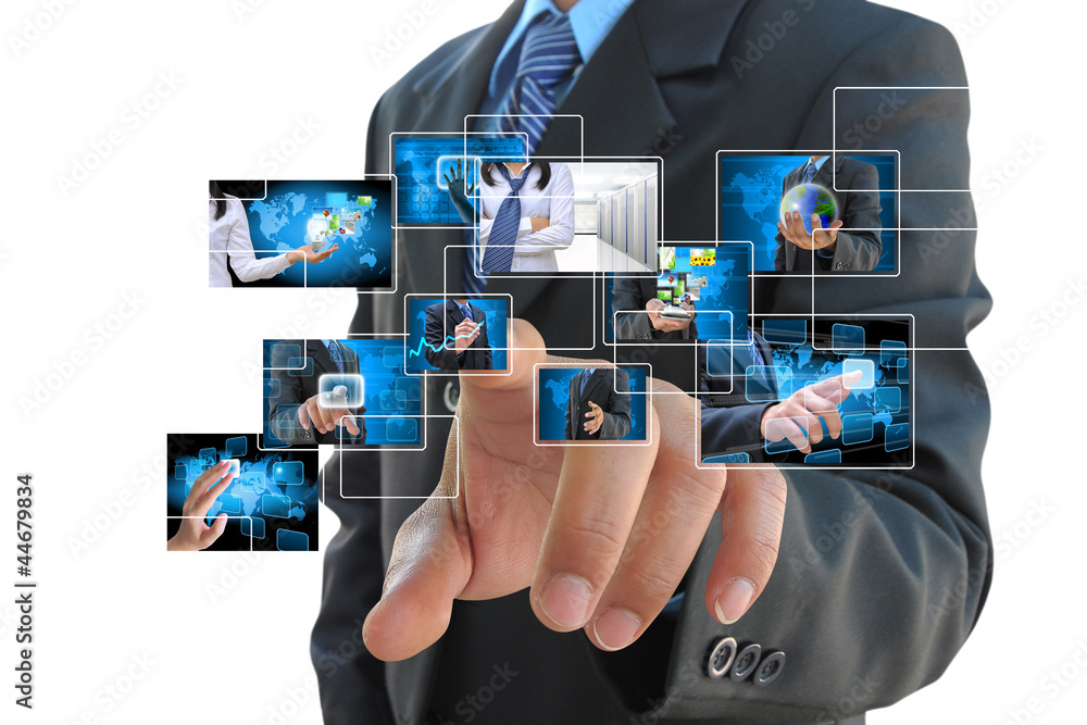 businessman hand pushing button