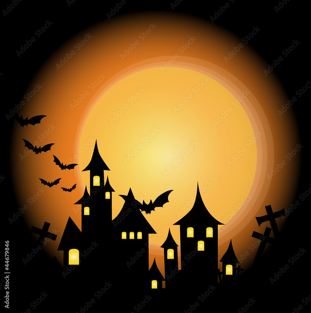 Halloween background with haunted house, bats and full moon, vec
