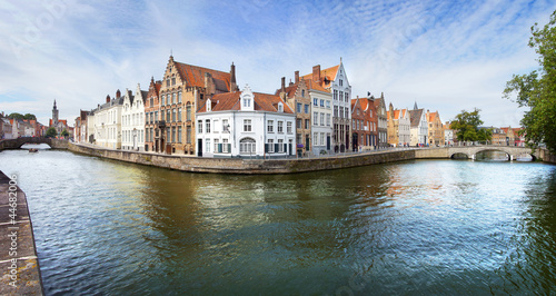Panoramic view over the Canal, houses and bridges in Brugge