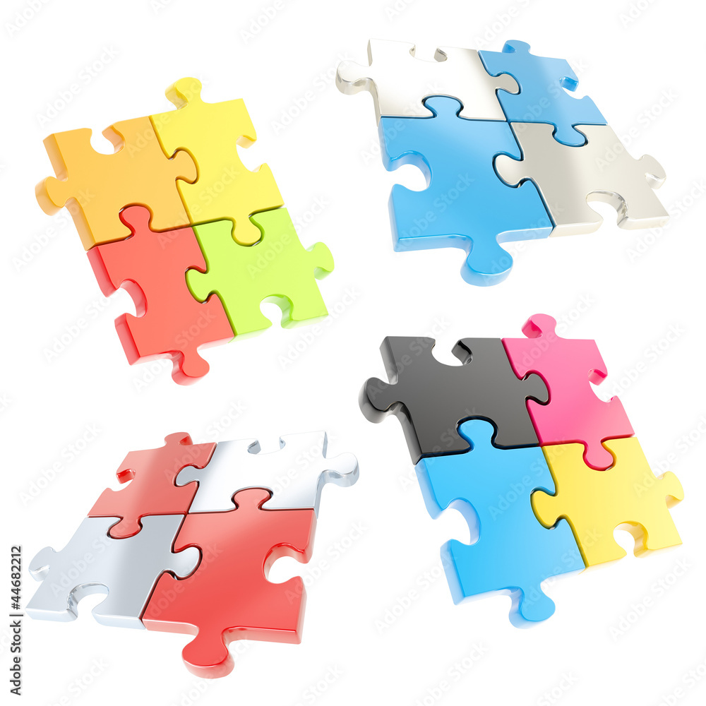 Set of four linked jigsaw puzzle pieces isolated