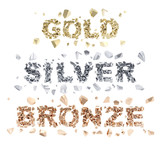 Gold, silver, bronze words broken into shiny pieces