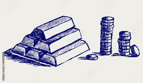 Gold bars and coins. Doodle style