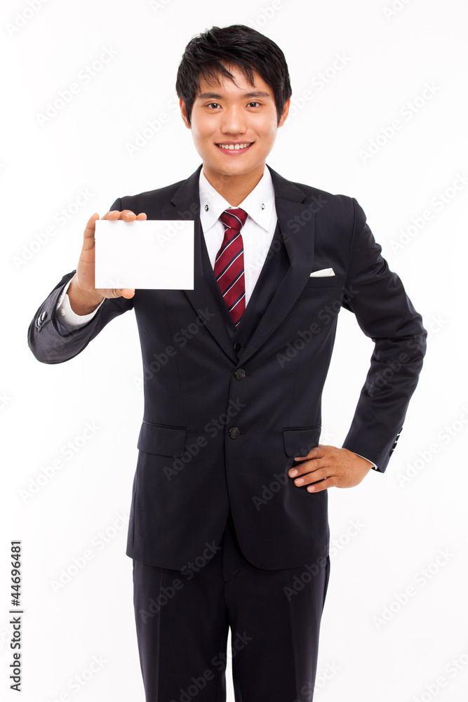 Business man with blank card isolated on white background. Business man with blank card isolated on white background.